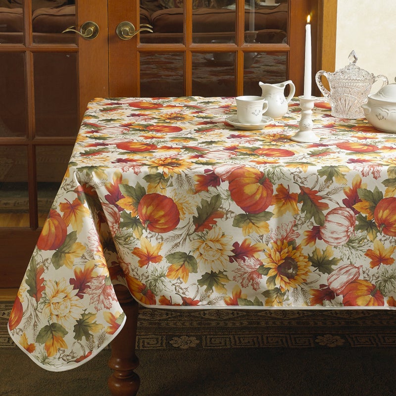 Violet Linen European Fall Harvest Pumpkins and Autumn Leaves Printed Tablecloth - 60" x 102" - Image 2